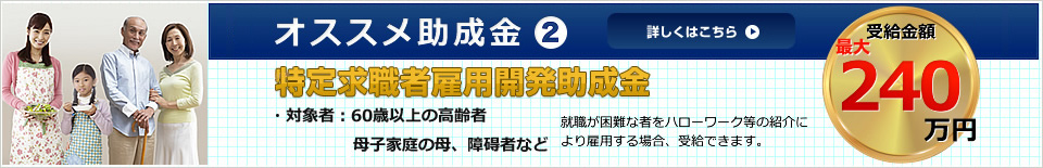 オススメ助成金2 特定求職者雇用開発助成金 詳しくはこちら